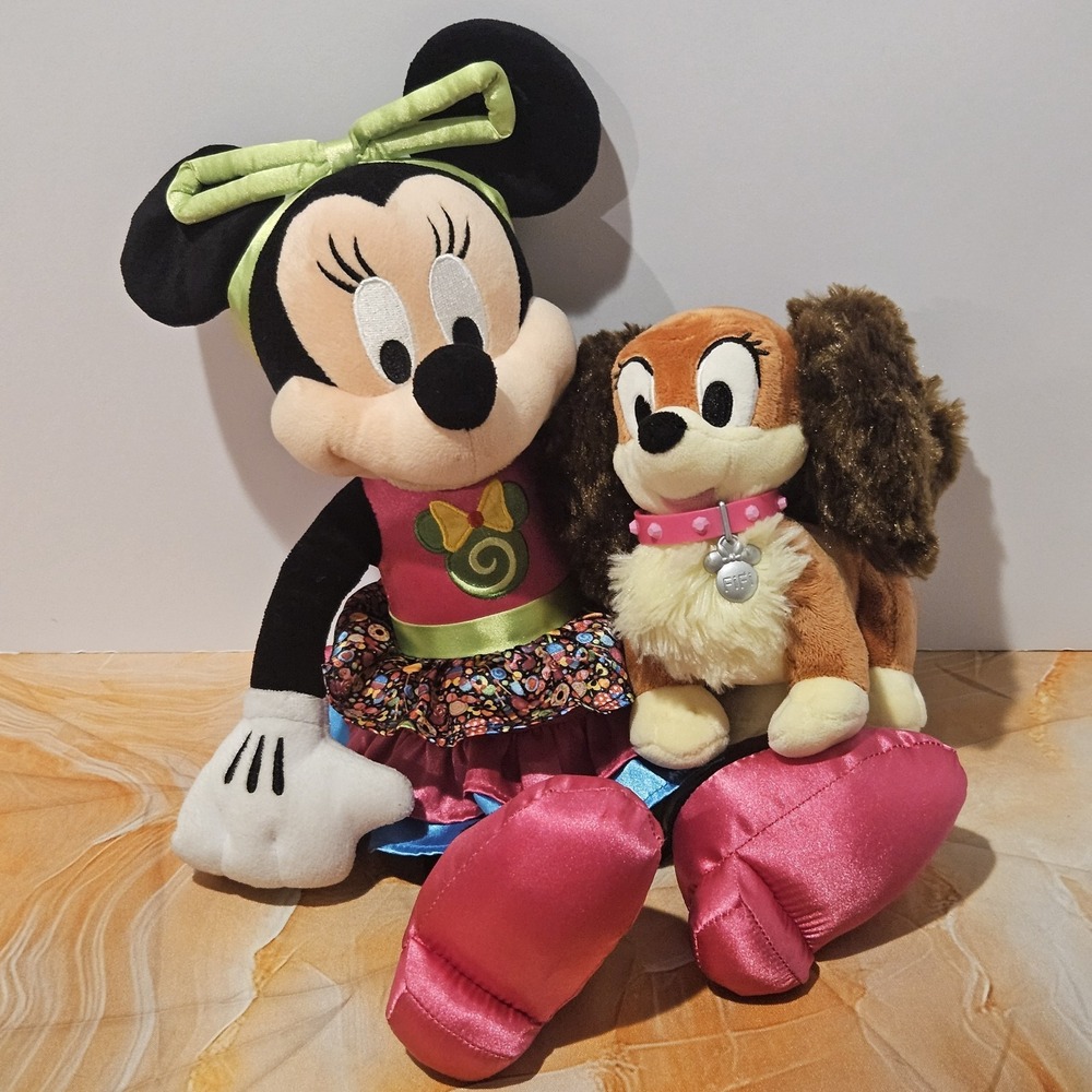 Disney Parks Candy Minnie Mouse 14" Plush + Fifi Dog Plush Bundle